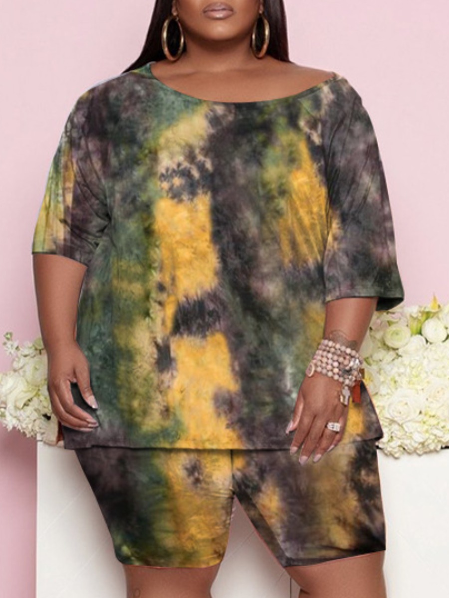 

Lovely Plus Size Street O Neck Tie-dye Yellow Two-piece Shorts Set
