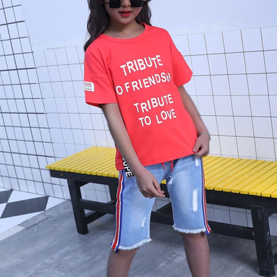 

Lovely Girl Casual Letter Print Striped Red Two Piece Shorts Set