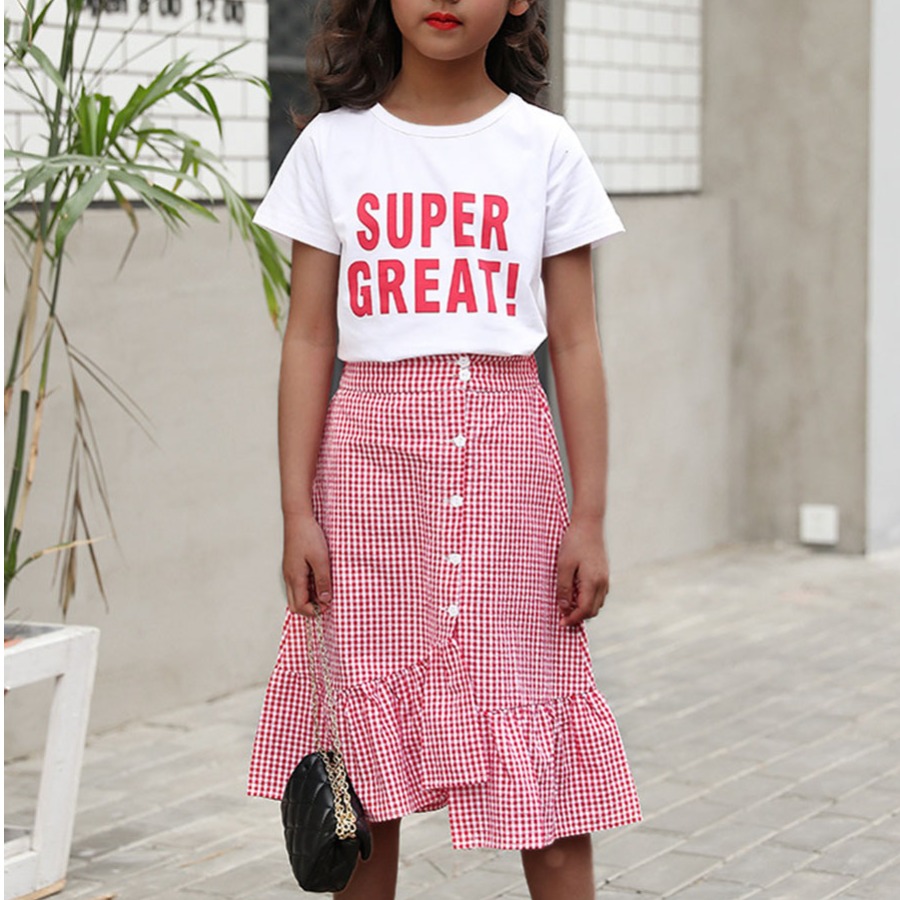 

Lovely Girl Street Plaid Letter Print Flounce Design White Two Piece Skirt Set
