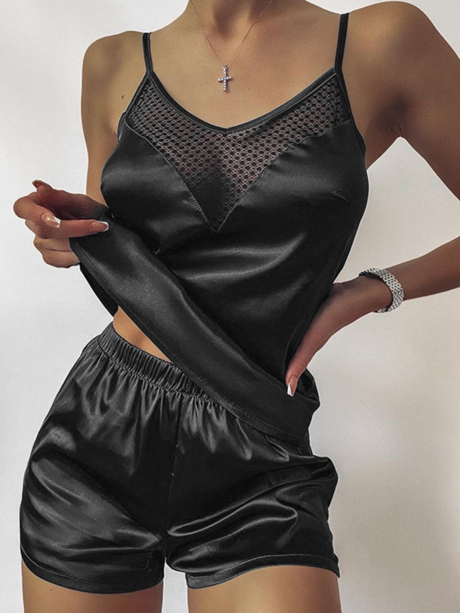 

Lovely Boho V Neck Hollow-out Black Sleepwear