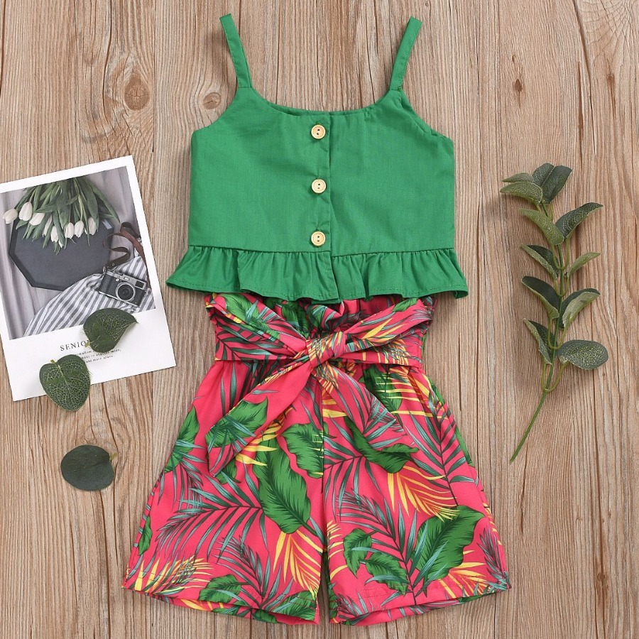

LW COTTON Sweet Floral Print Bow-tie Decoration Green Two Piece Shorts Set