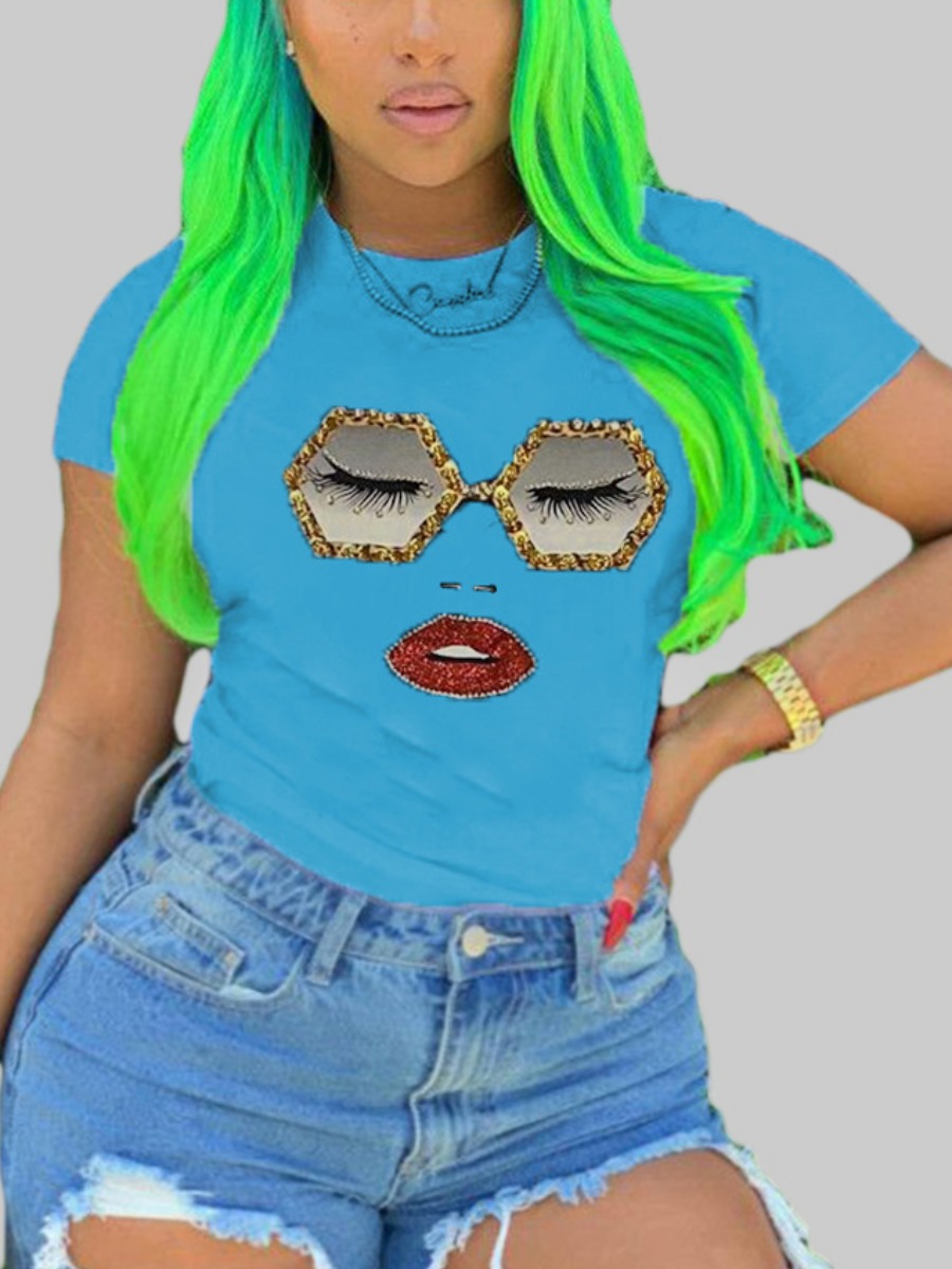 

Lovely Plus Size Casual O Neck Face Print Blue T-shirt