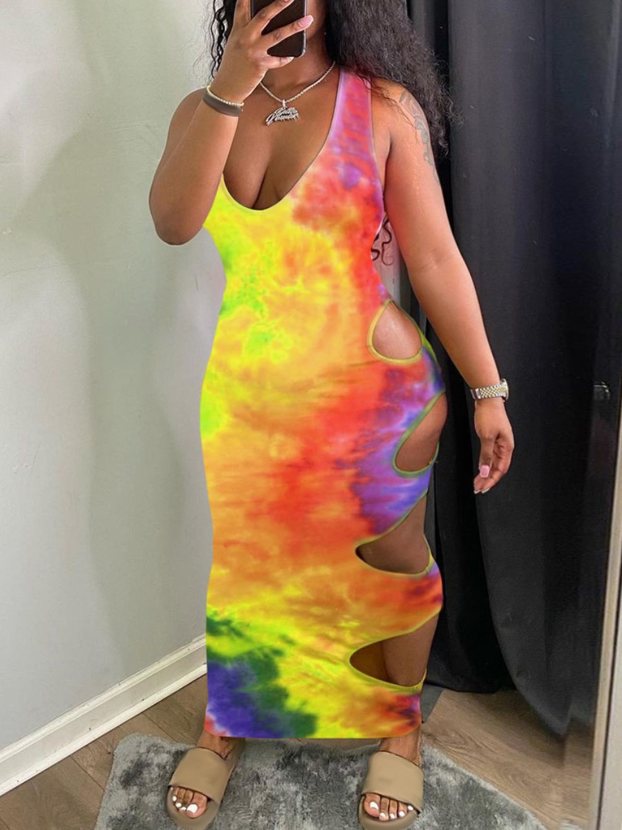 

Lovely Plus Size Street Tie-dye Hollow-out Croci Ankle Length Dress
