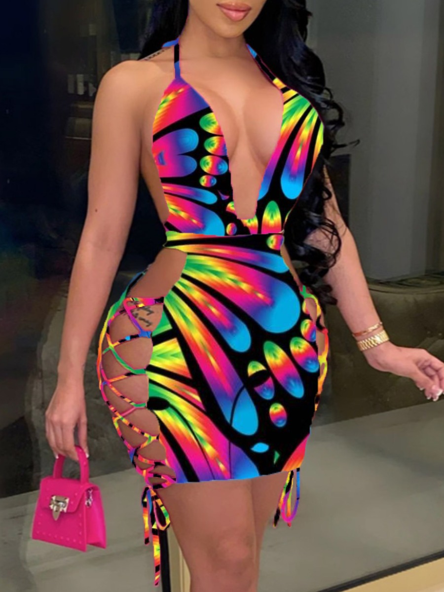 

LW SXY Bandage Hollow-out Design Multicolor Mini Dress, Multi