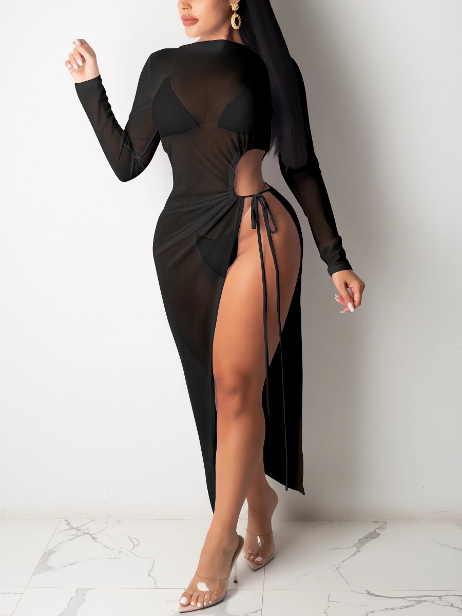 

Lovely Sexy See-through Bandage Design Split Black Ankle Length Dress