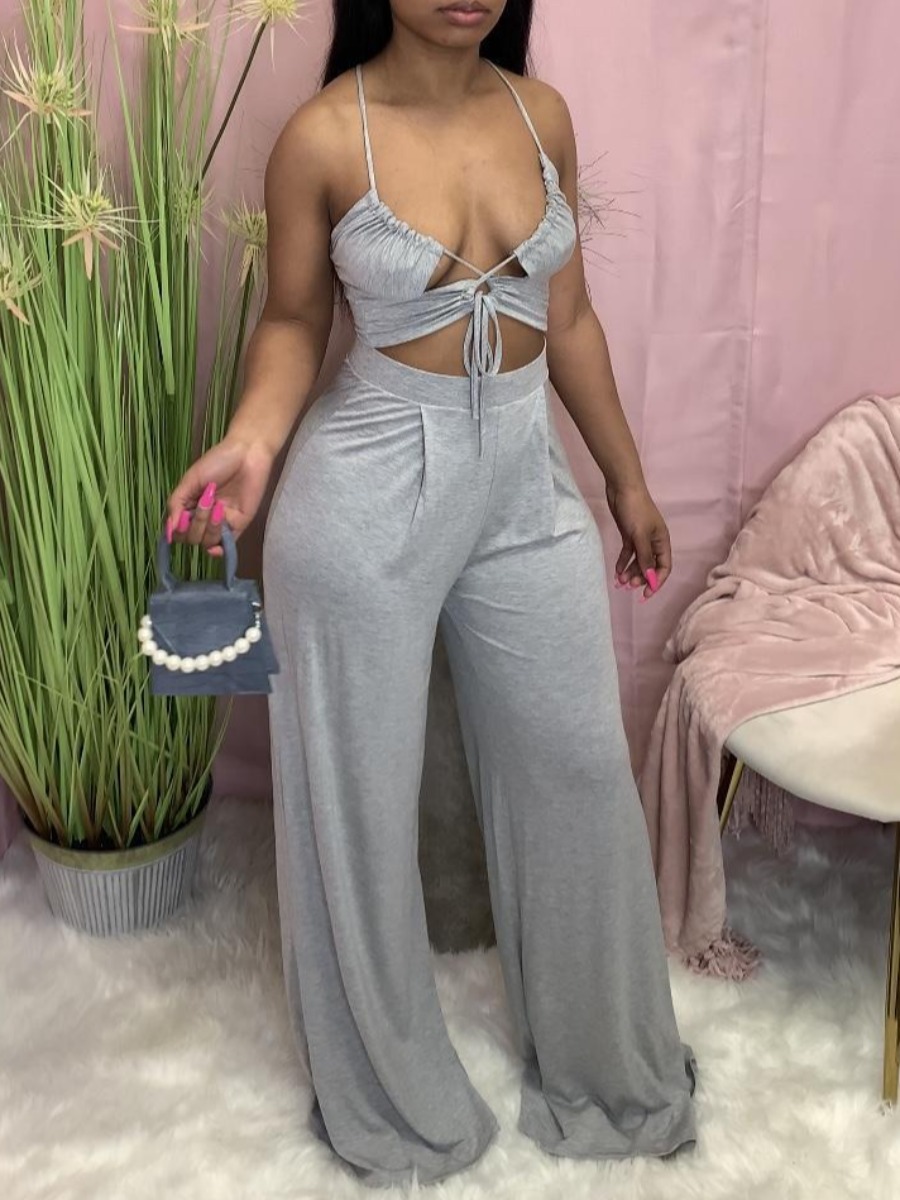 

LW Casual Bandage Design Loose Grey Two Piece Pants Set