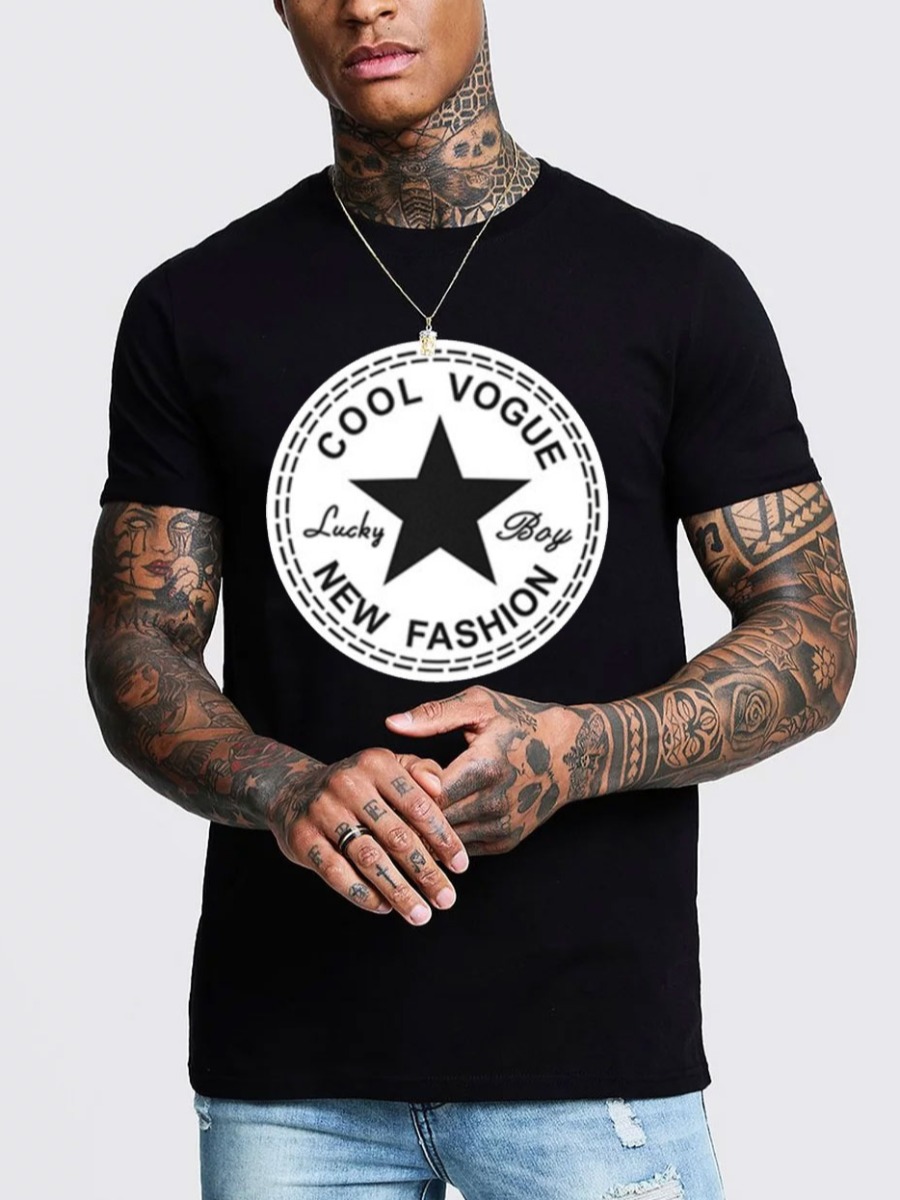

Lovely Men Casual Star Letter Print Carbon Black T-shirt