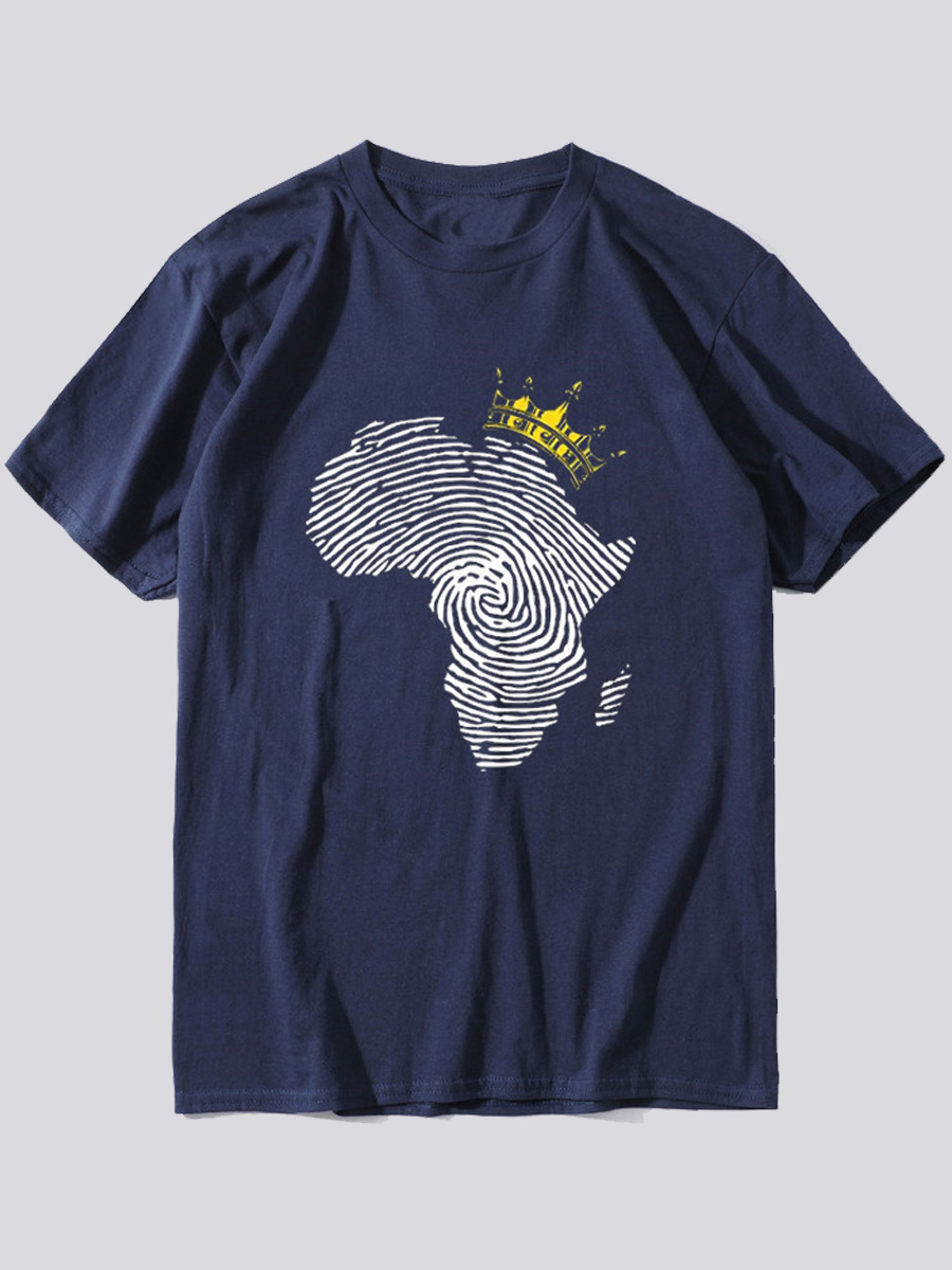 

Lovely Men Casual Africa Crown Print Navy Blue T-shirt