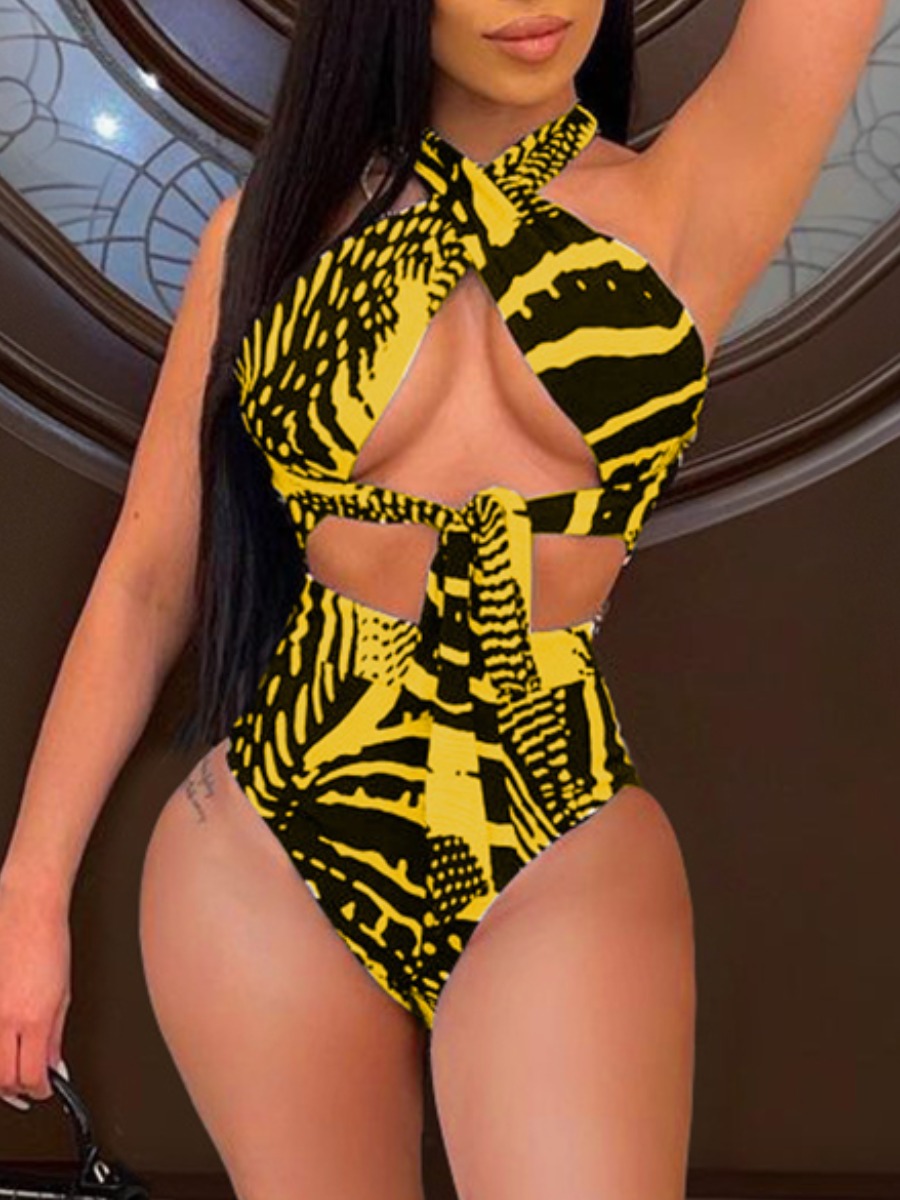 

Lovely Sweet Bandage Hollow-out Design Yellow One-piece Swimsuit