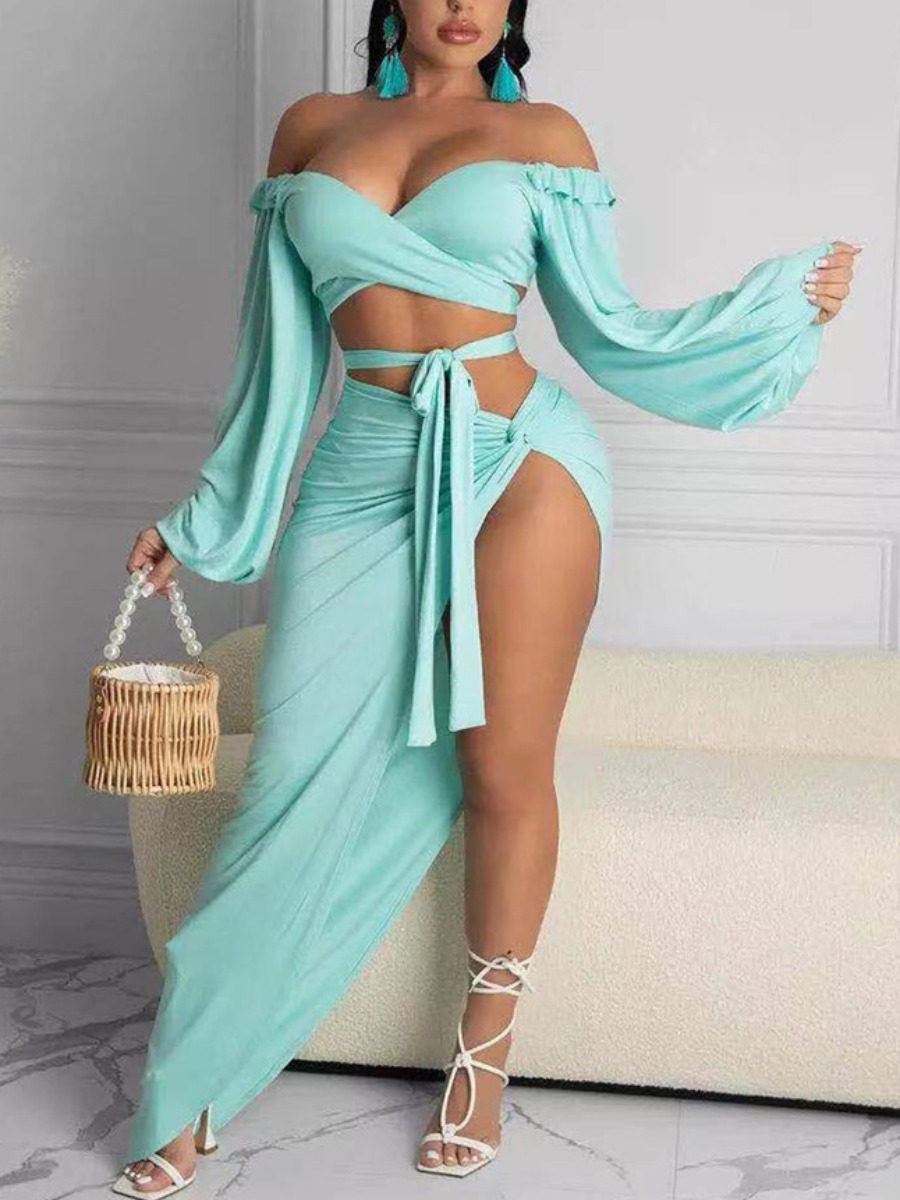 

LW SXY Off the Shoulder Bandage Design Split Light Grey Two Piece Skirt Set, Light green