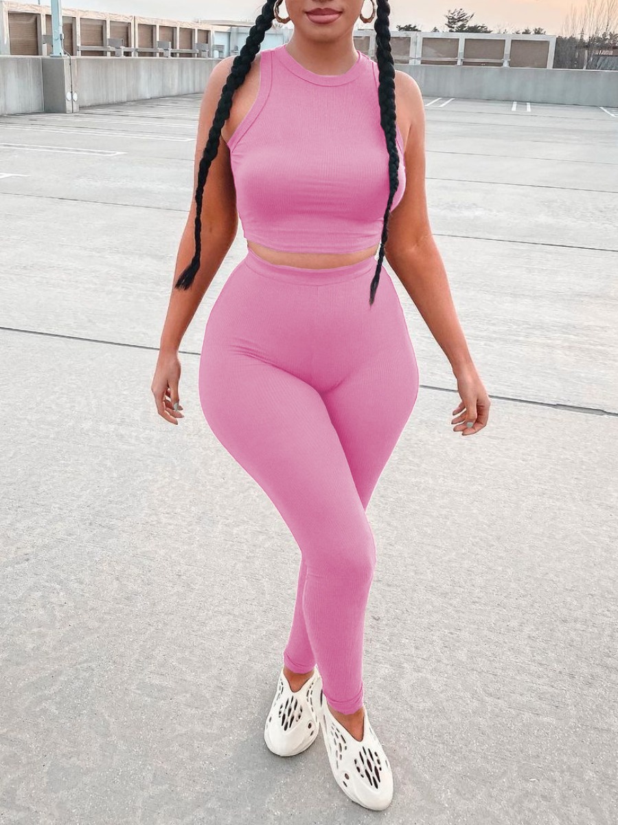

Lovely Casual O Neck Basic Skinny Pink Two Piece Pants Set