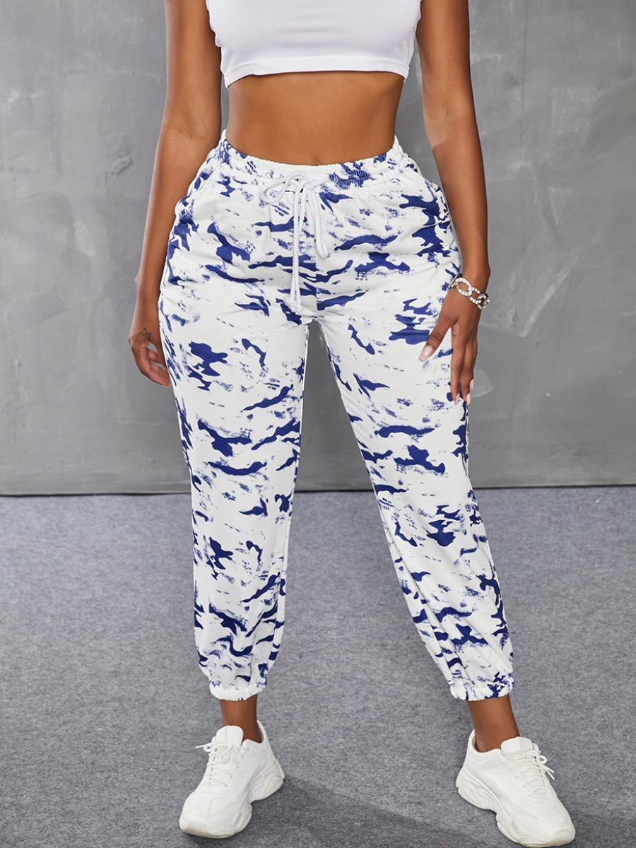 

Lovely Casual Tie-dye Drawstring Blue Pants