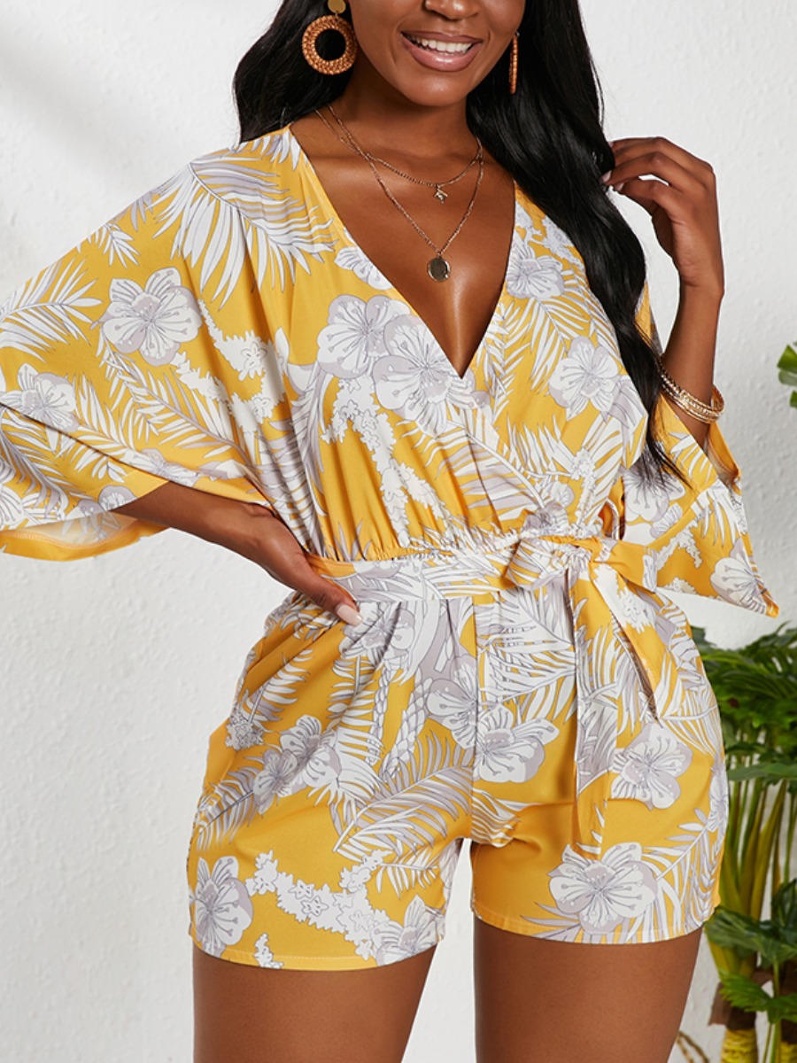 

Lovely Boho Floral Print Cross-over Bandage Design Yellow One-piece Romper