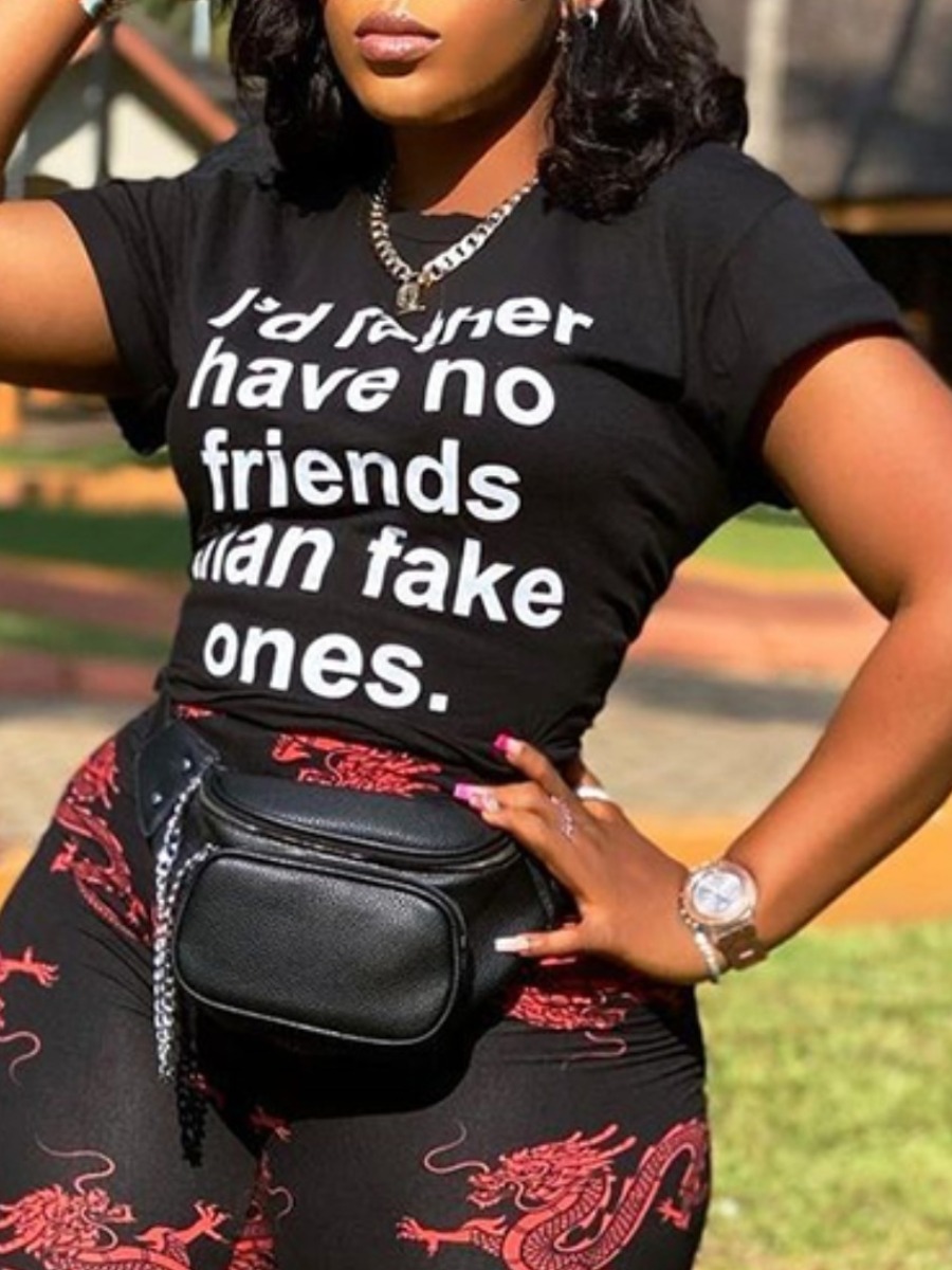 

Lovely Casual O Neck Letter Print Black T-shirt