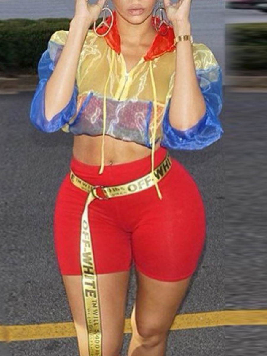 

Lovely Plus Size Street Hooded Collar See-through Red Two-piece Shorts Set