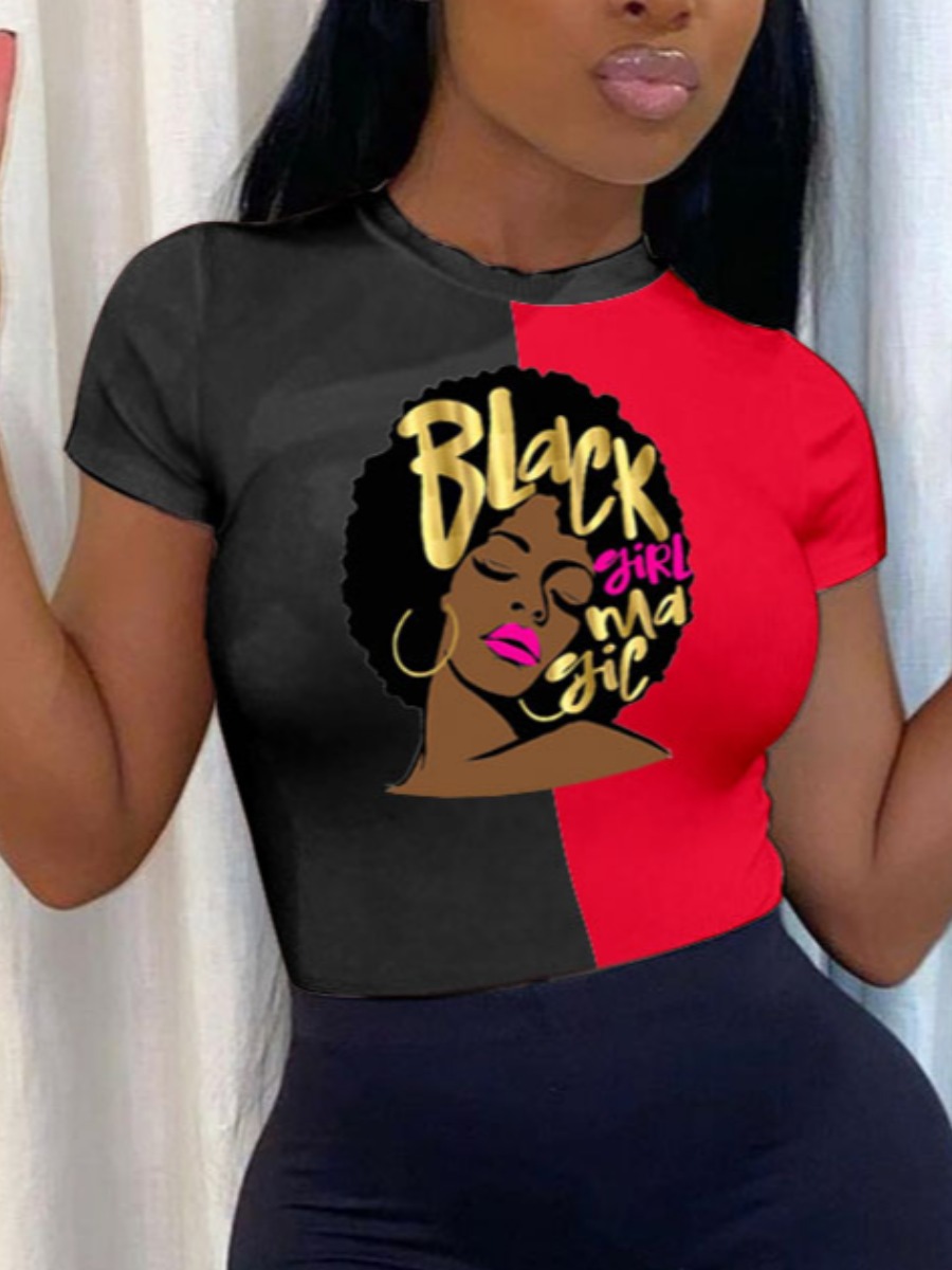

Lovely Street Letter Print Patchwork Red T-shirt