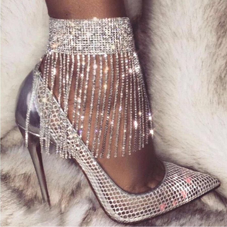 

Lovely Street Sequined Tassel Design Silver Body Chain