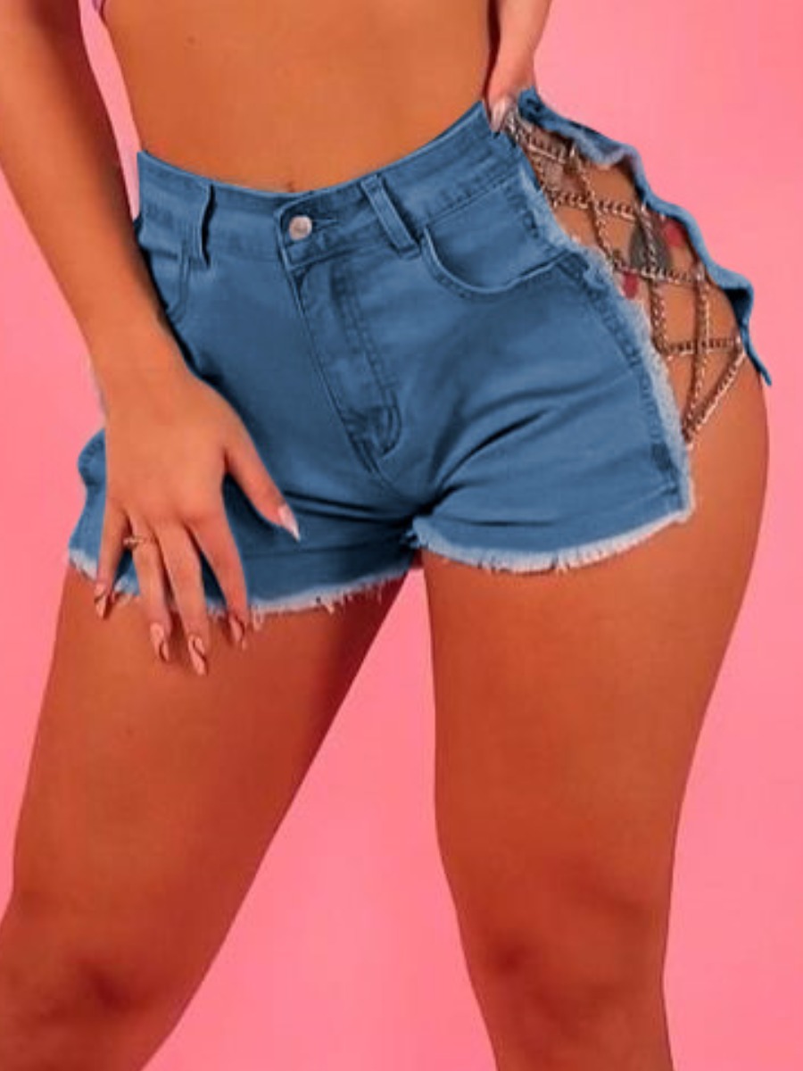 

Lovely Street Chain Hollow-out Design Baby Blue Denim Shorts