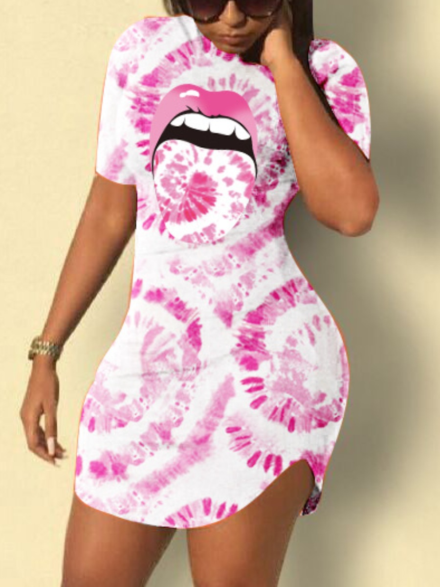

Lovely Casual Lip Print Tie-dye Pink Mini Dress