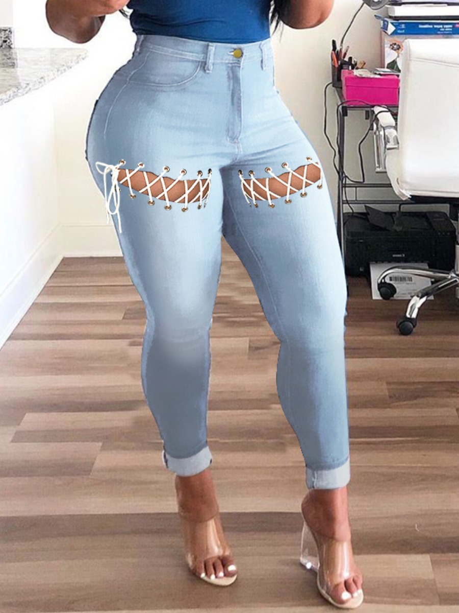 

LW Street High-waisted Bandage Hollow-out Design Baby Blue Jeans
