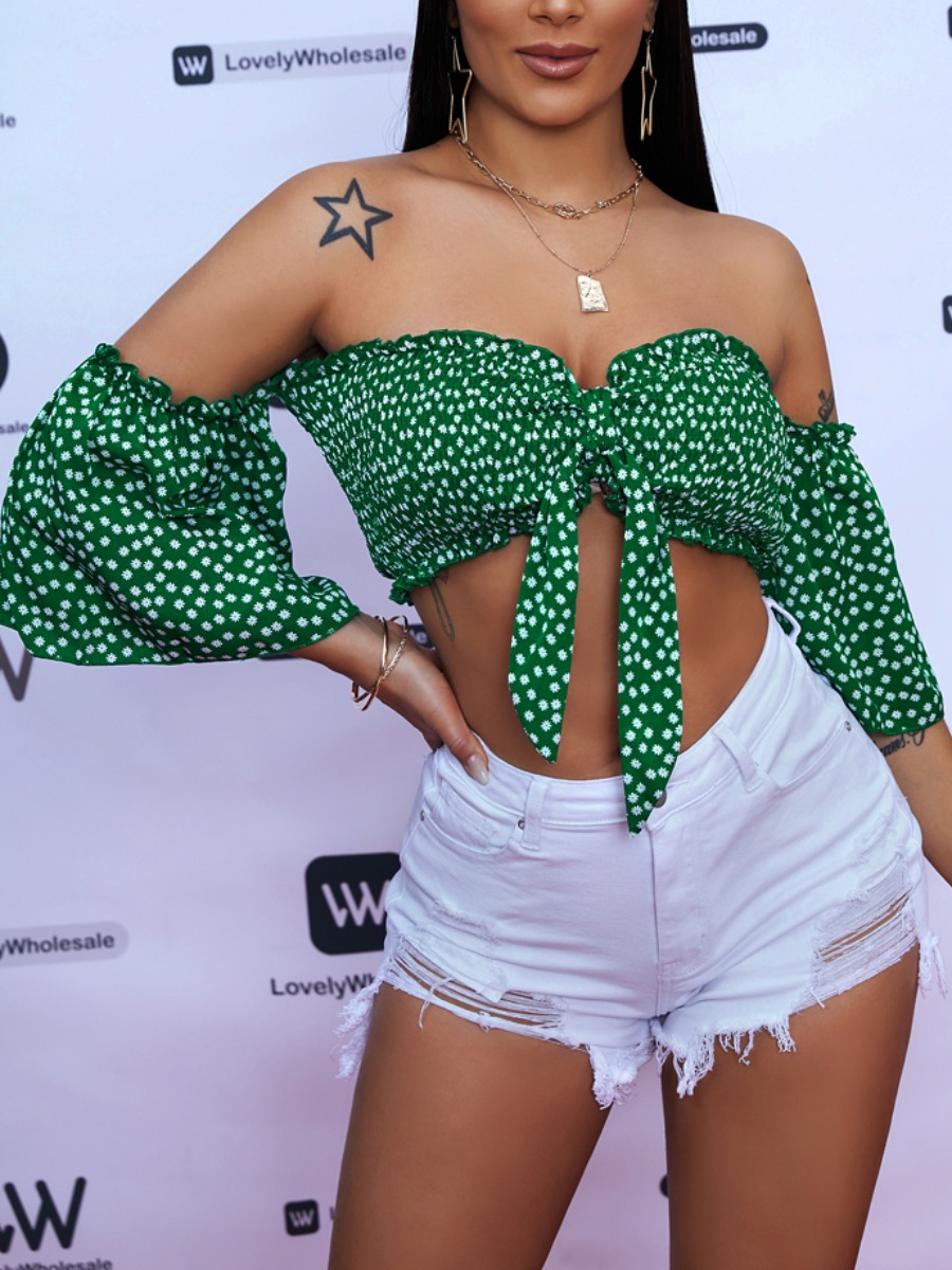 

Lovely Sexy Floral Print Ruffle Bandage Design Green Blouse