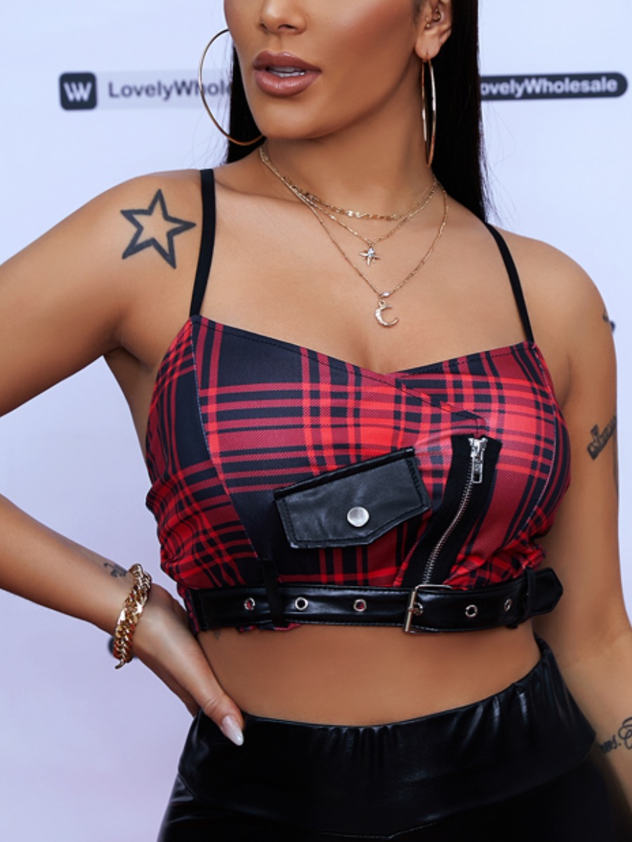 

Lovely Street Plaid Print Buckle Design Red Camisole