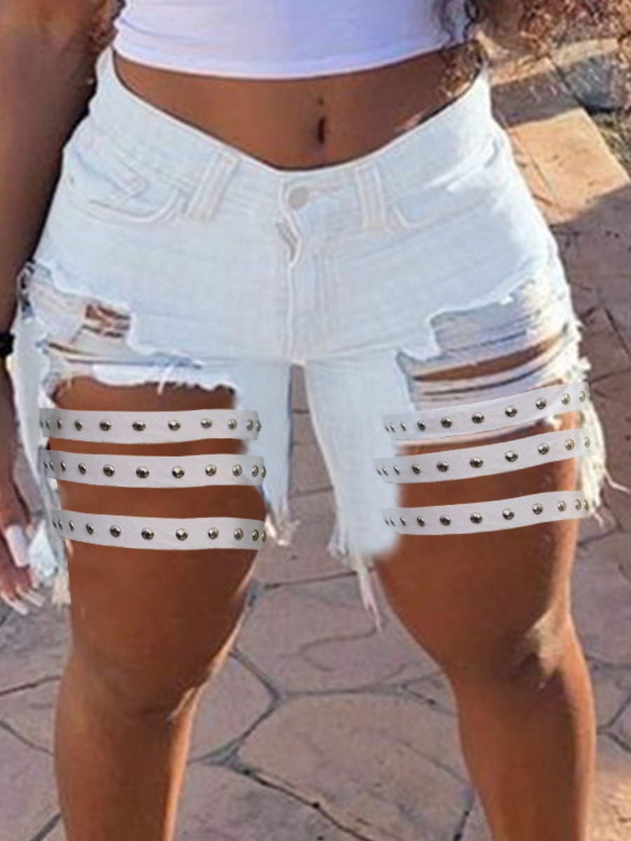 

Lovely Street Ripped Metal Hole Decoration White Denim Shorts