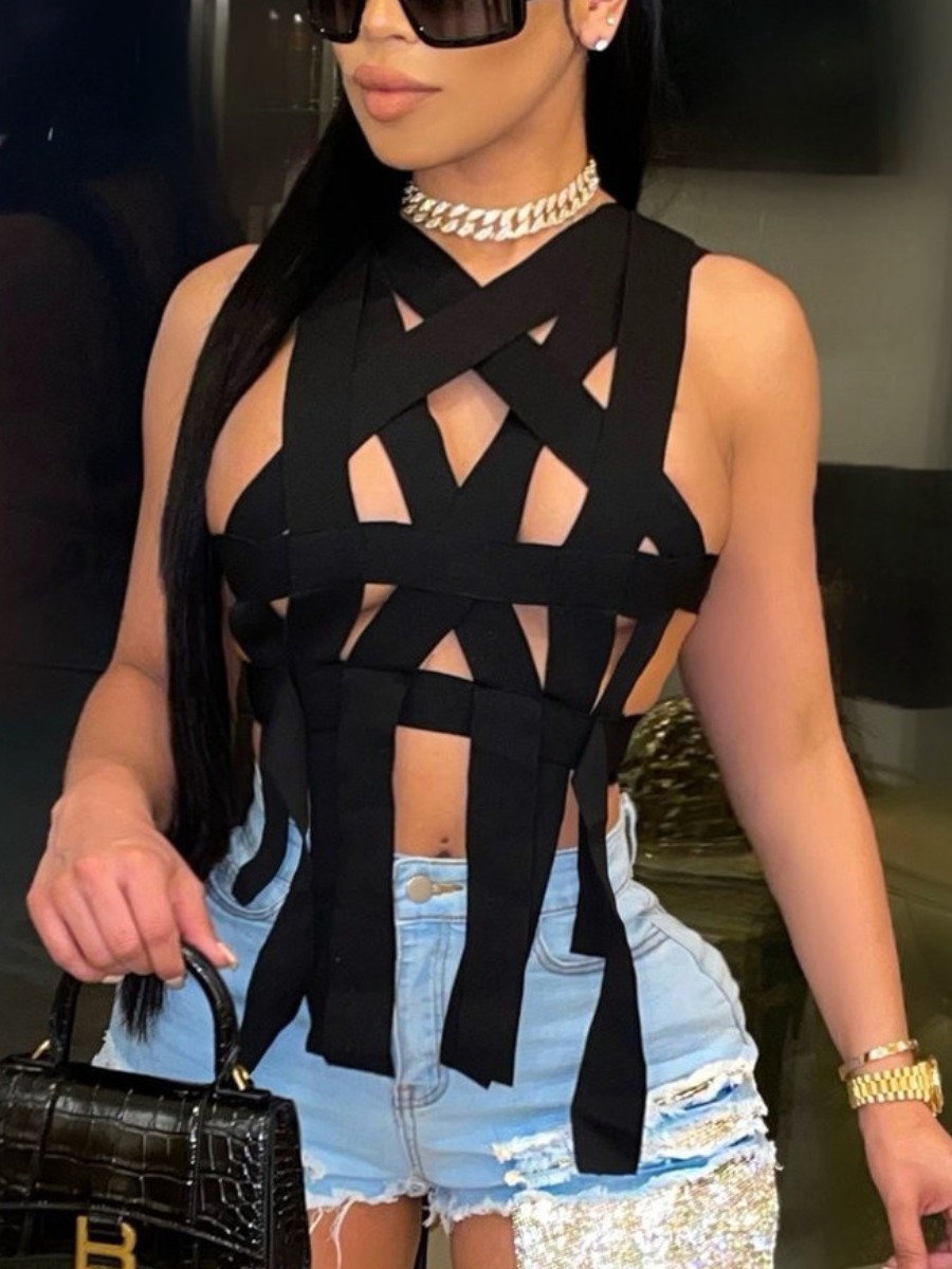 

Lovely Sexy Bandage Hollow-out Design Black Camisole