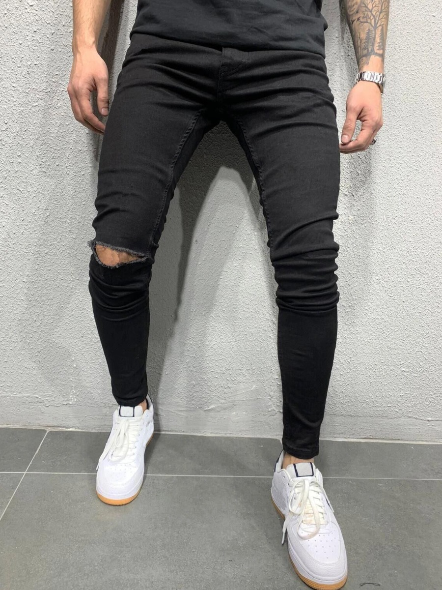 

LW Men Casual Mid Waist Ripped Black Jeans