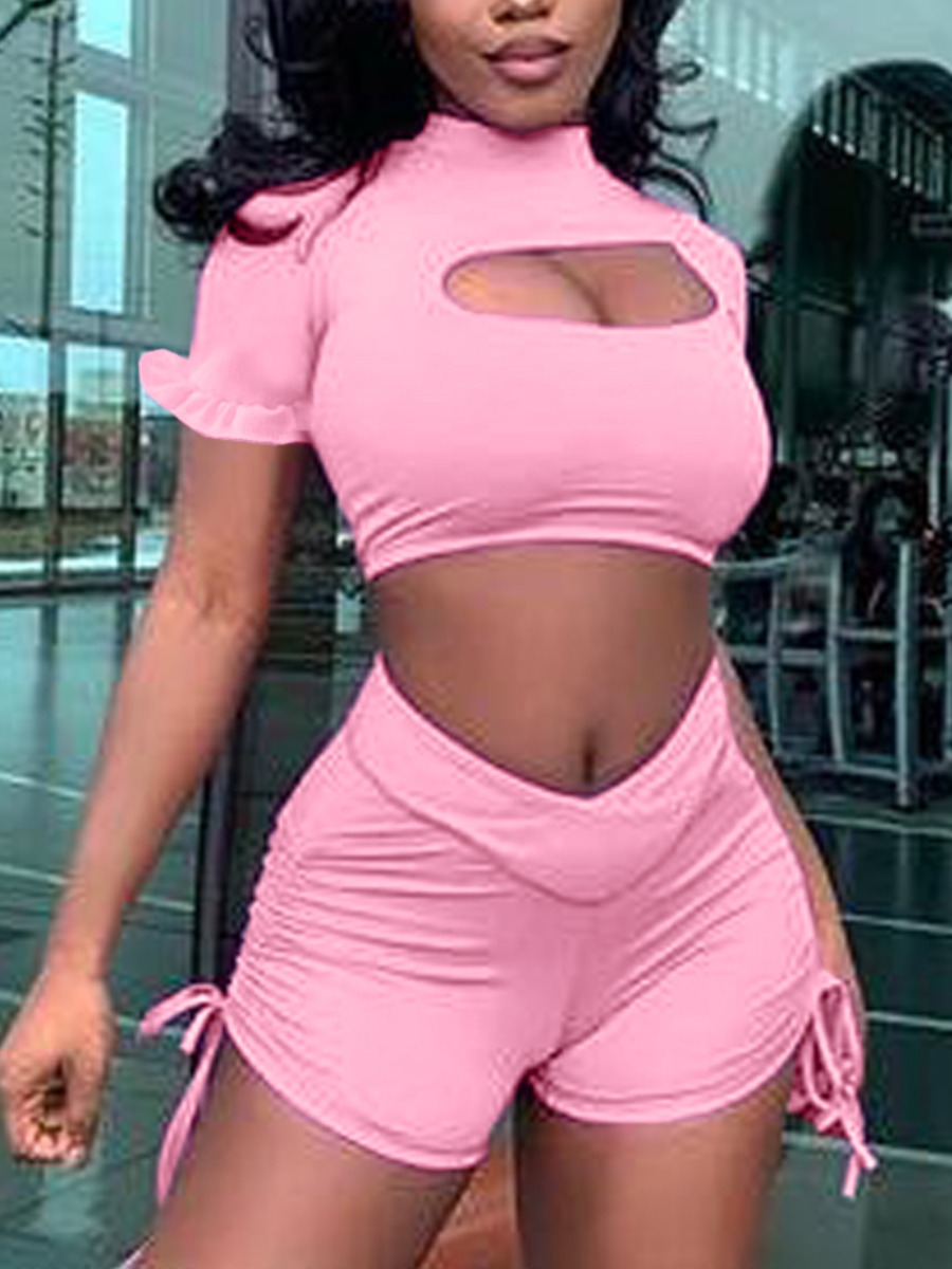 

Lovely Street Hollow-out Drawstring Pink Two Piece Shorts Set