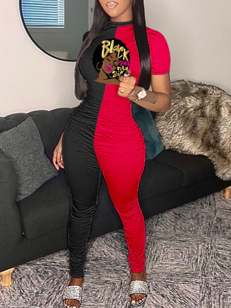 

Lovely Casual O Neck Letter Print Red One-piece Jumpsuit