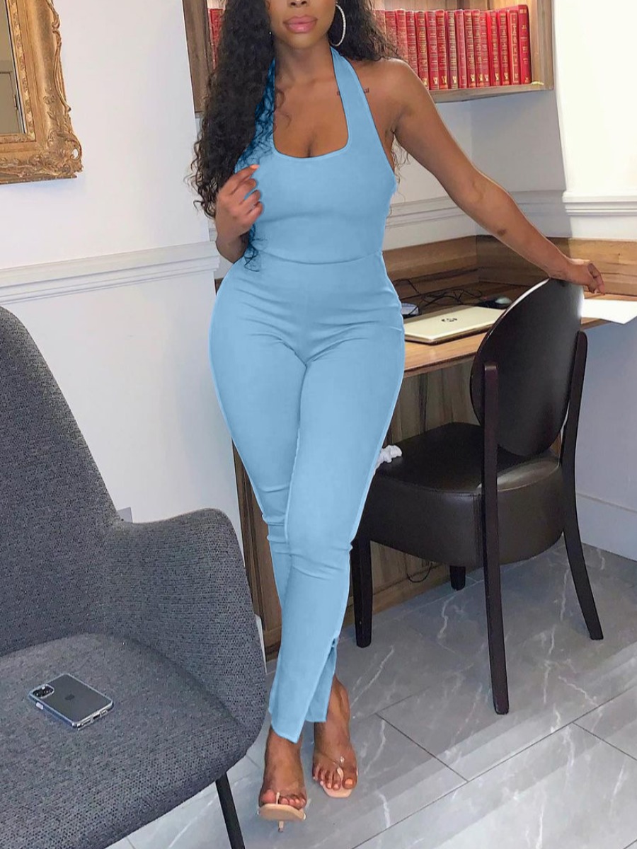 

LW Casual U Neck Backless Baby Blue One-piece Jumpsuit