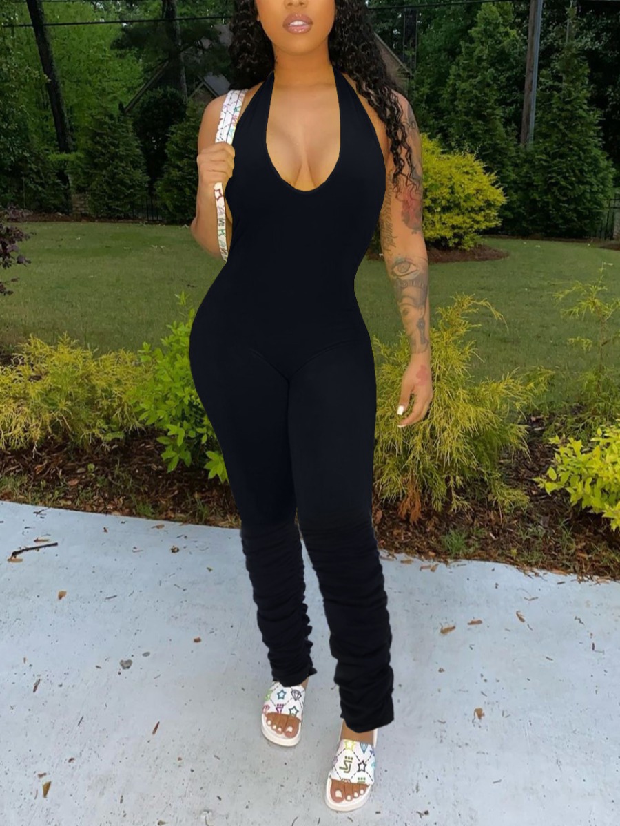 

Lovely Casual U Neck Backless Fold Design Black One-piece Jumpsuit