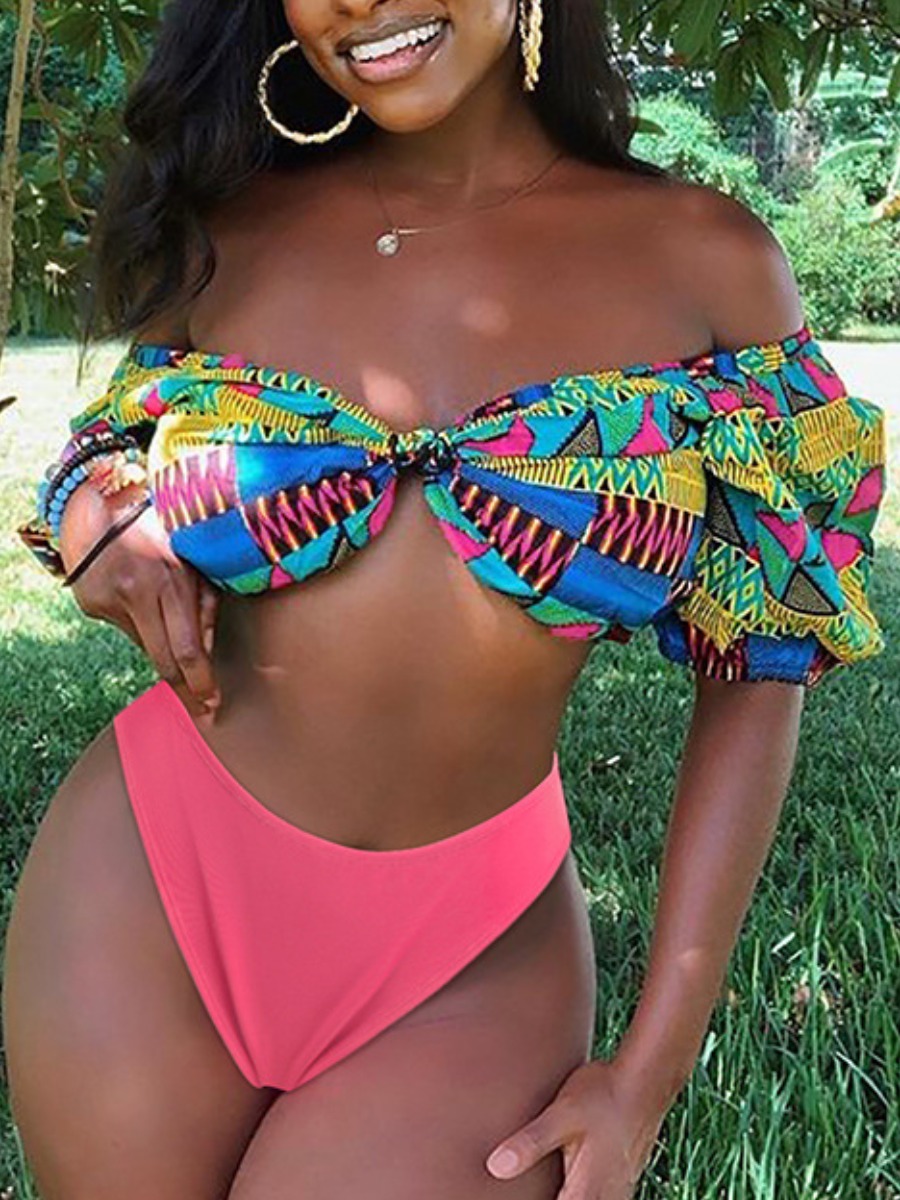 

Lovely Boho Off The Shoulder Sea Print Pink Bikini