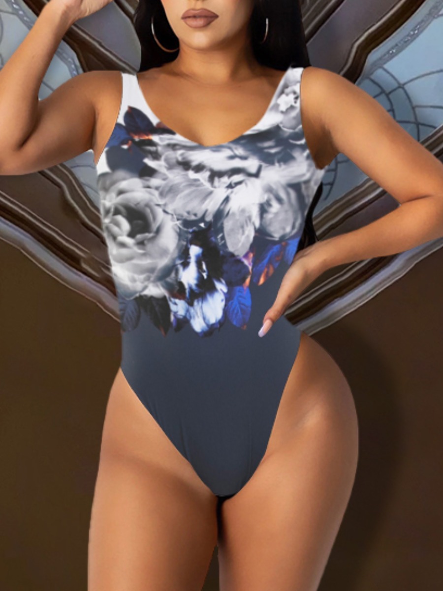 

LW BASICS Boho U Neck Backless Print Dark Blue One-piece Swimsuit