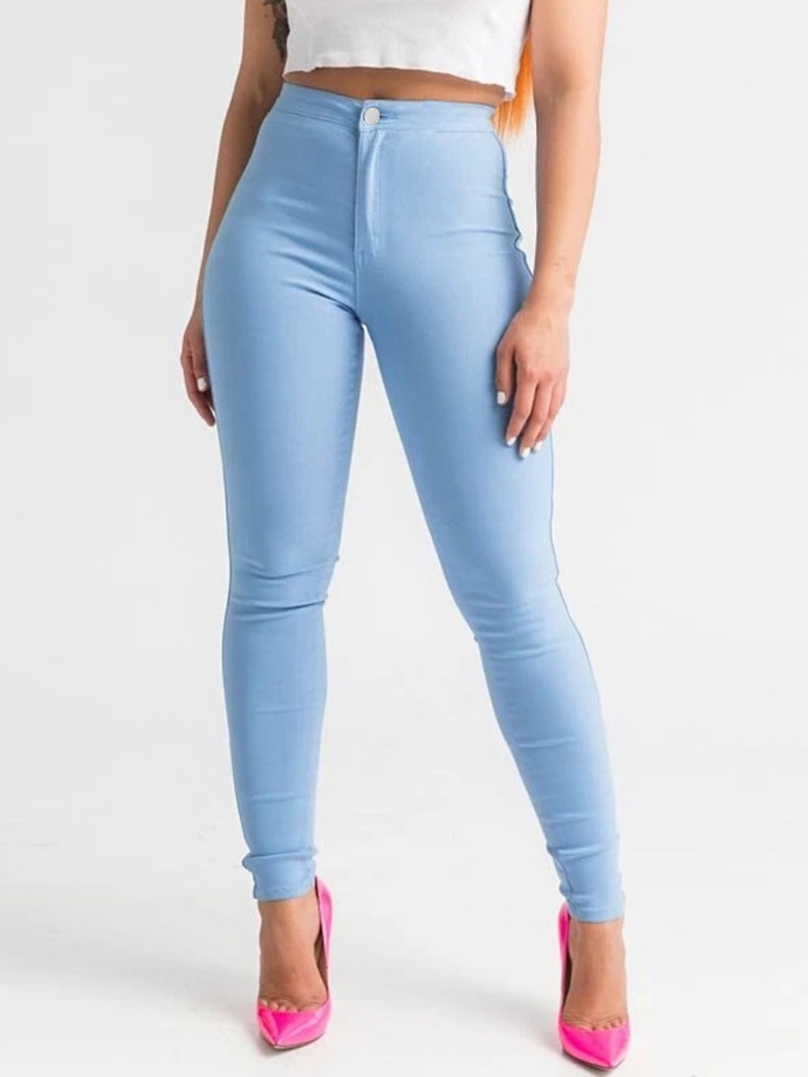 

Lovely Casual High-waisted Skinny Baby Blue Jeans