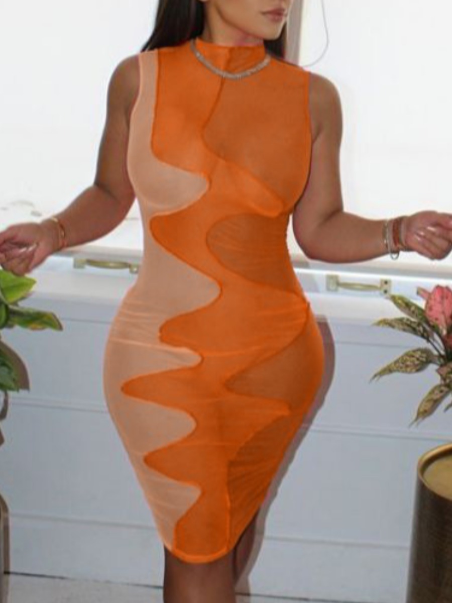 

Lovely Sexy Color-lump See-through Orange Knee Length Dress