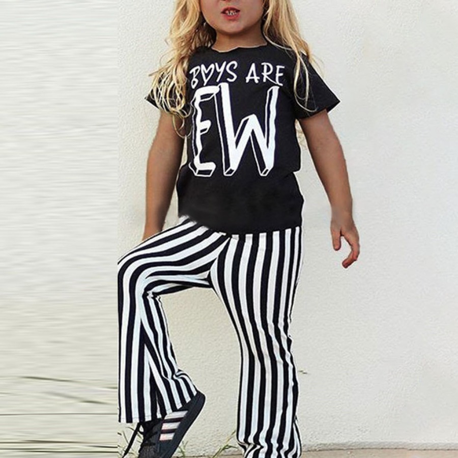 

Lovely Girl Casual Letter Print Striped Black Two Piece Pants Set