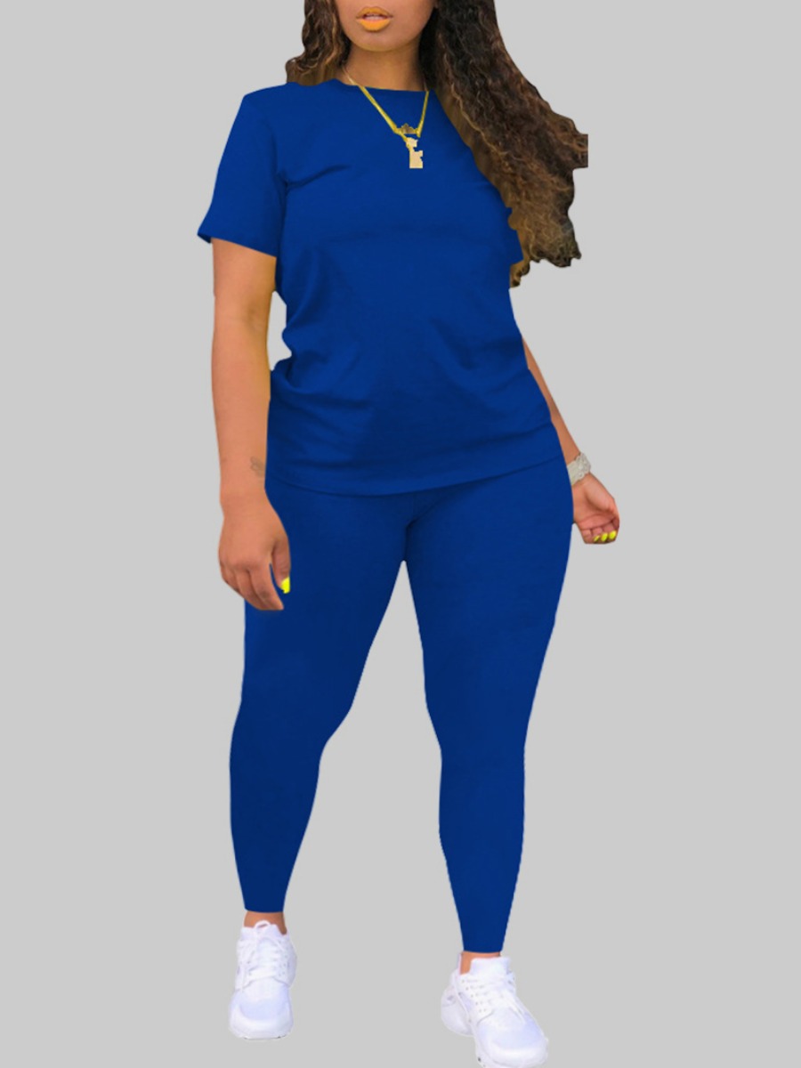 

LW Plus Size Casual O Neck Elastic Blue Two-piece Pants Set