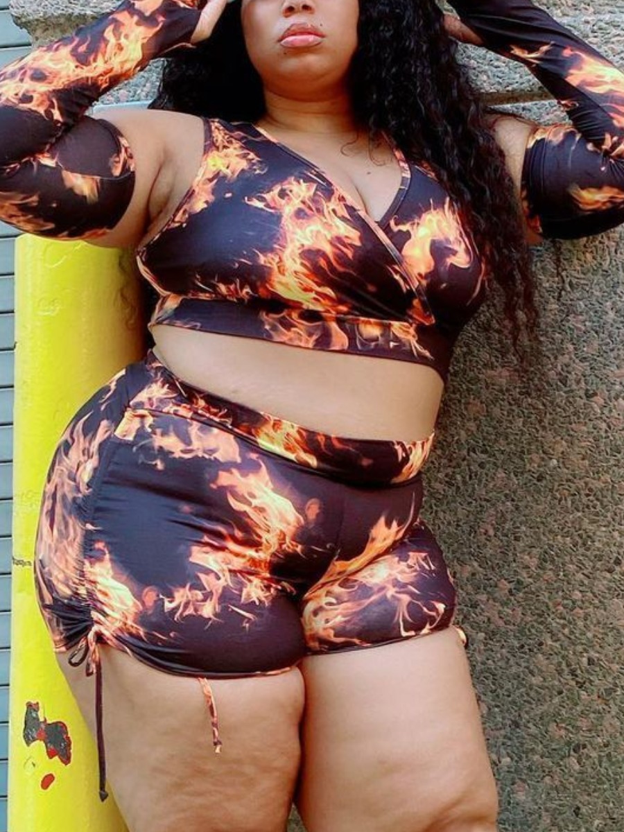 

Lovely Plus Size Street Flame Print Drawstring Blue Two-piece Shorts Set