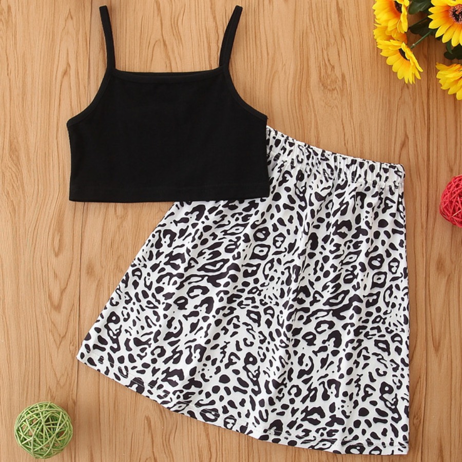 

Lovely Girl Casual Square Neck Leopard Print Black Two Piece Skirt Set