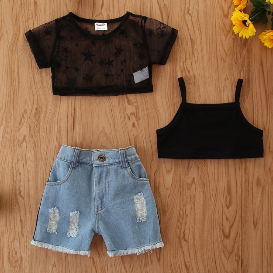

Lovely Girl Casual See-through Ripped Black Three Piece Shorts Set