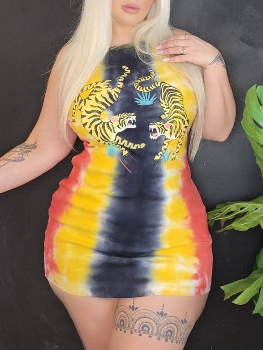 

Lovely Plus Size Street Tie-dye Tiger Print Multicolor Mini Dress, Multi