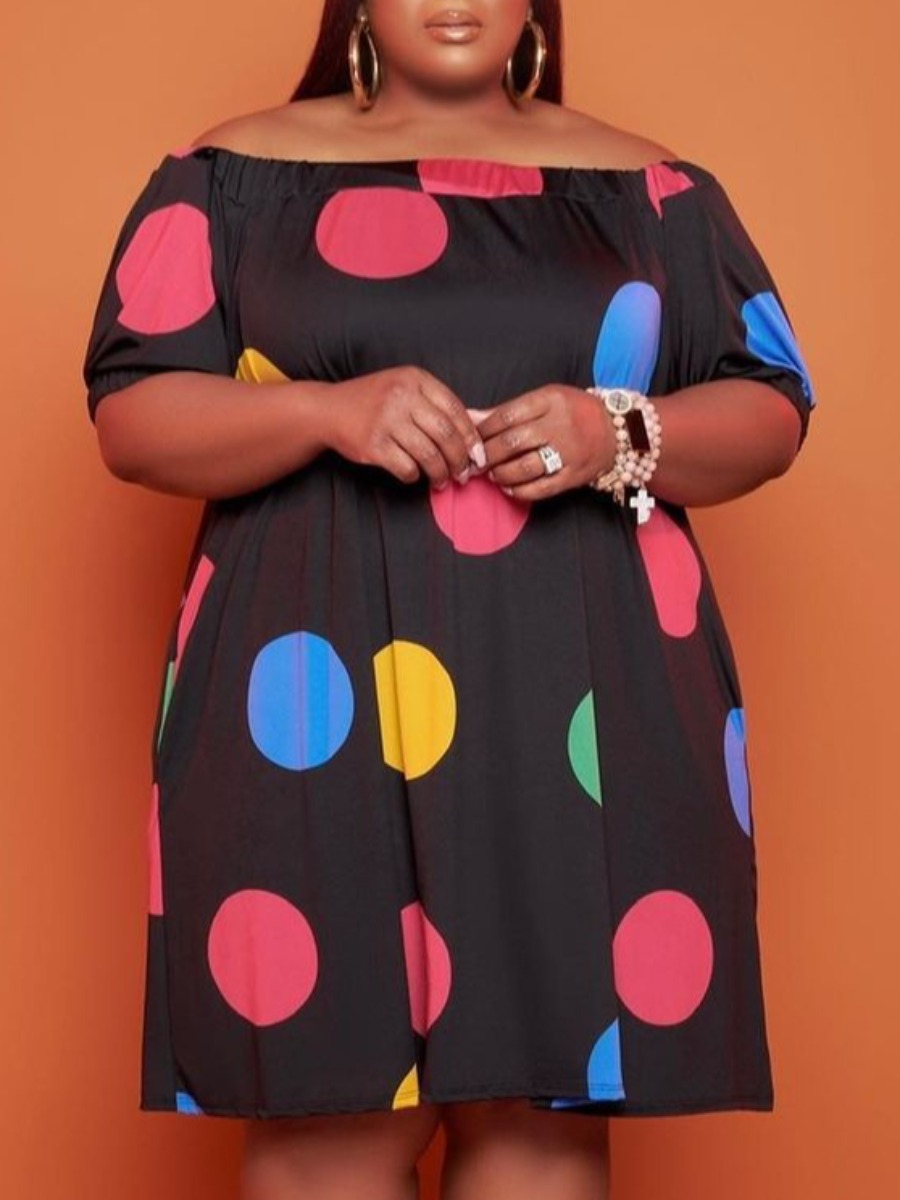 

Lovely Plus Size Casual Off The Shoulder Dot Print Black Mini Dress