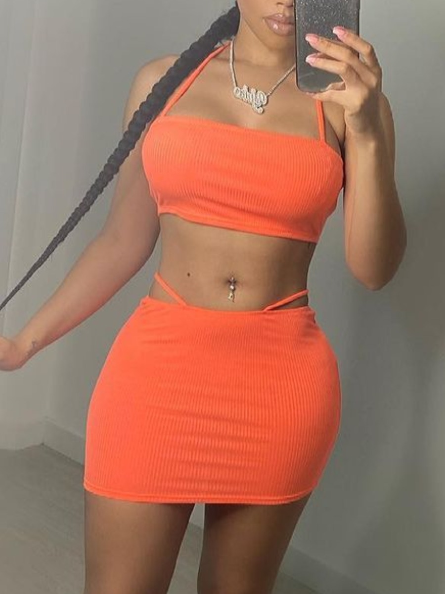

Lovely Casual Rib-Knit Bandage Design Jacinth Two Piece Skirt Set
