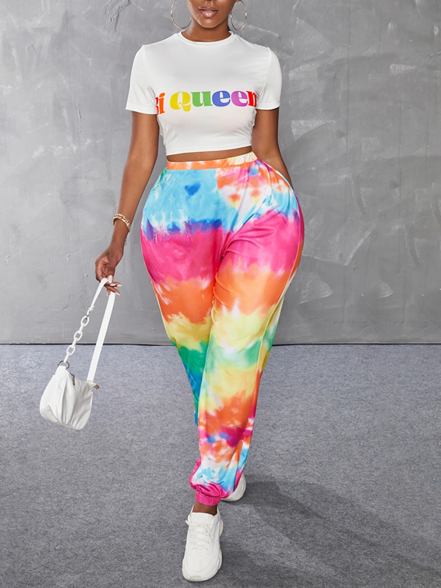 

LW Street Letter Print Tie-dye Multicolor Two Piece Pants Set, Multi