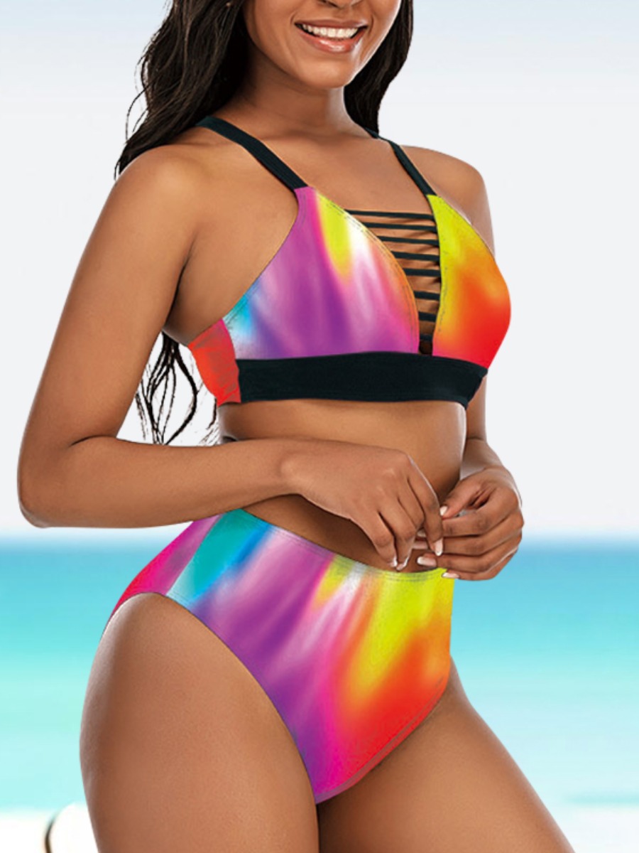 

Lovely Boho Tie-dye Hollow-out Multicolor Two-piece Swimsuit, Multi