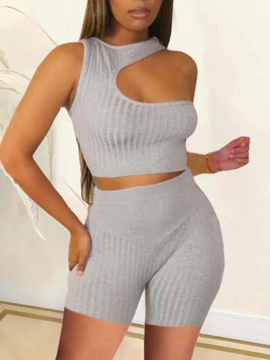 

LW Casual O Neck Hollow-out Grey Two Piece Shorts Set