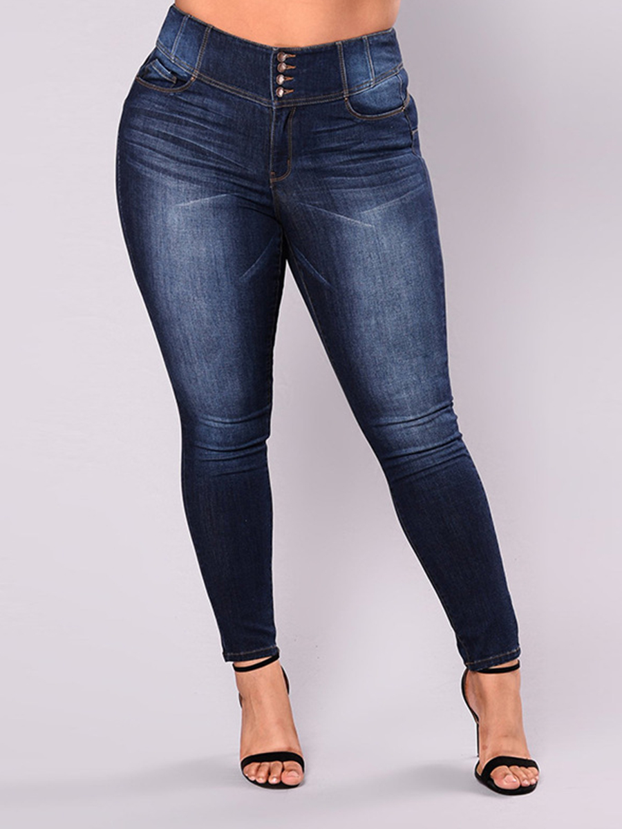 

LW BASICS Plus Size Street High-waisted Button Design Deep Blue Jeans