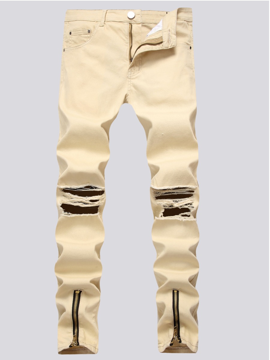 

Lovely Men Street Ripped Zipper Design Khaki Jeans